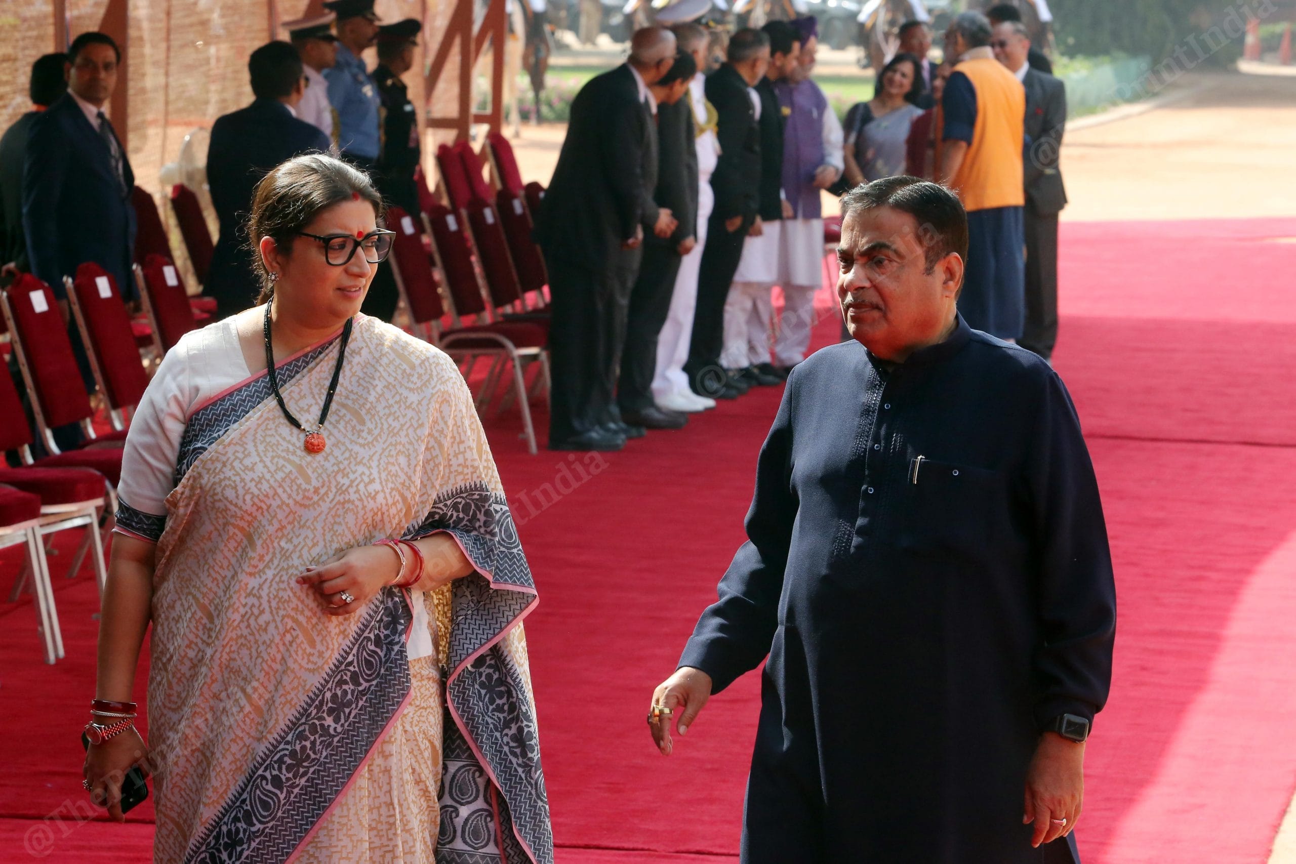 Union ministers Smriti Irani and Nitin Gadkari at Rashtrapati Bhavan | Praveen Jain | ThePrint
