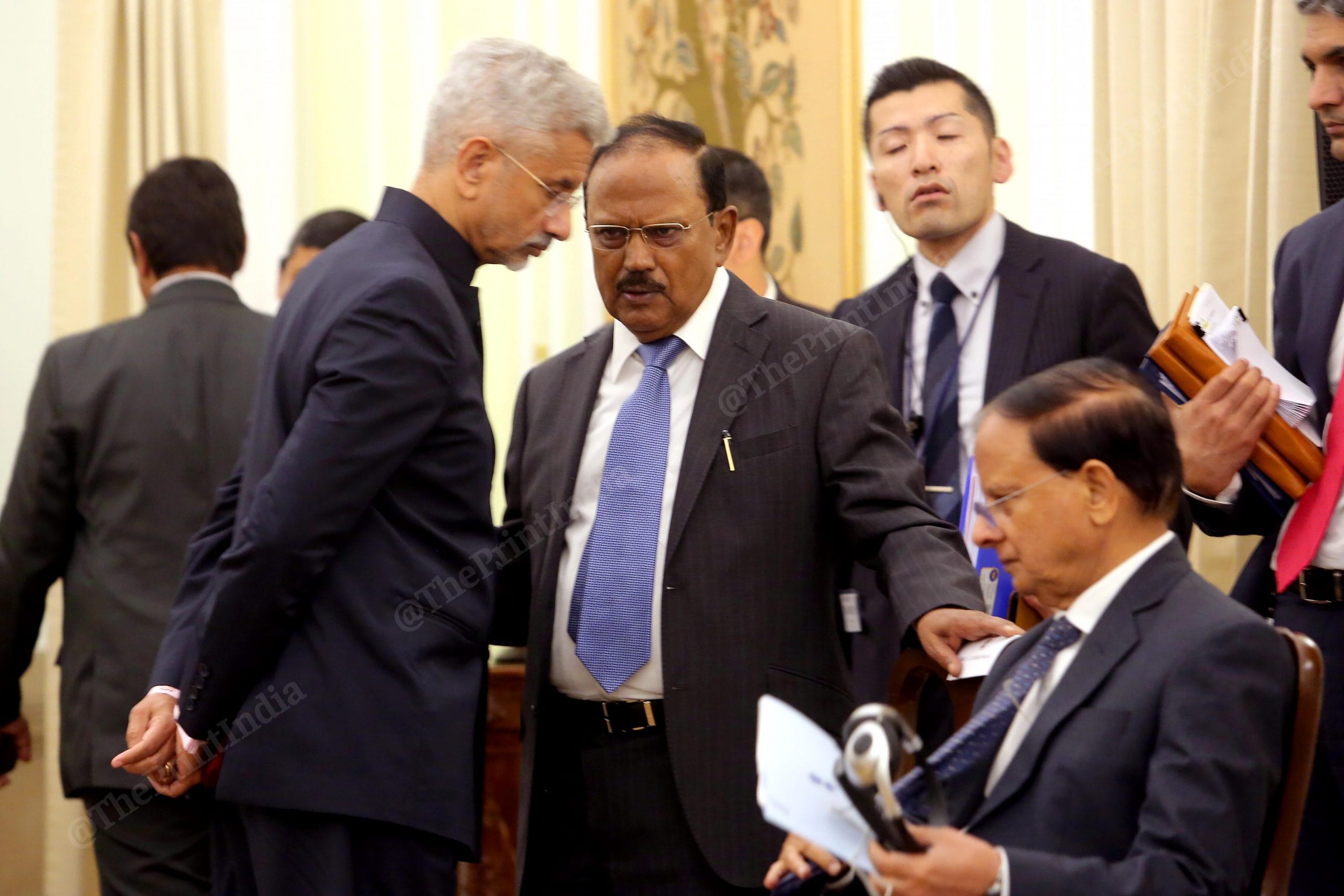 Jaishankar, Doval and Mishra in conversation before the press briefing | Photo: Praveen Jain | ThePrint