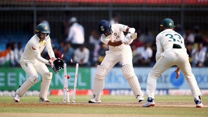 India's Cheteshwar Pujara gets clean bowled on the first day of the 3rd Test match against Australia, at Holkar Cricket Stadium, in Indore on 1 March 2023 | Photo: ANI
