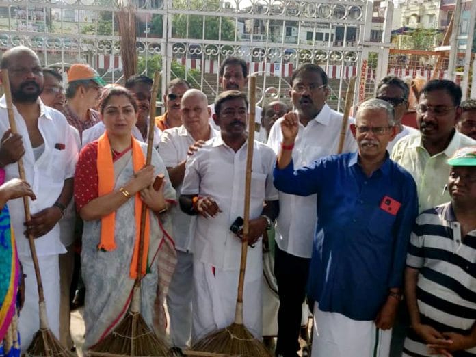 File photo of actress-turned-politician Khusbhu Sundar with BJP workers in Tamil Nadu| Photo: ANI