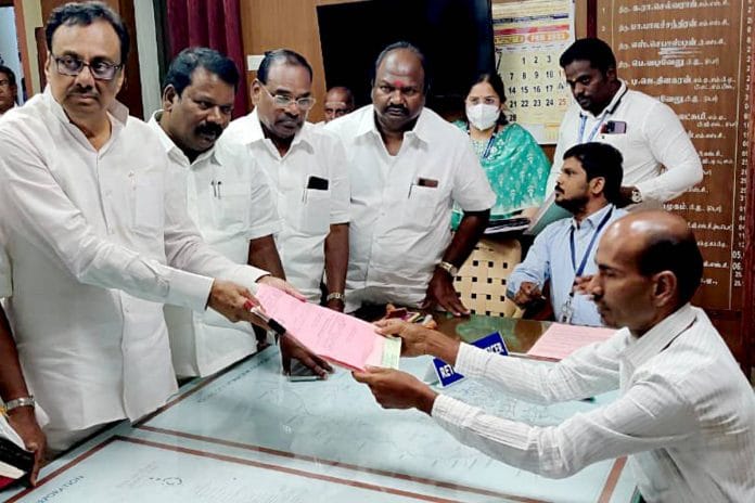 File photo of E.V.K.S Elangovan filing nomination papers for the polls | Photo: ANI
