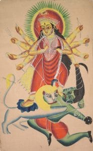 Durga Killing the Demon Mahisha, Calcutta, Undivided Bengal, India, c. 1890, Watercolour, graphite, ink, and tin on paper. Image courtesy of Cleveland Museum of Art.