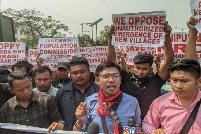 Six student bodies’ hold demonstration outside the residence of Manipur Chief Minister N. Biren Singh in Imphal, demanding NRC implementation and state population commission in Manipur | By special arrangement