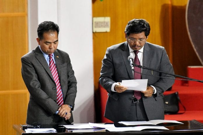 National People's Party (NPP) chief Conrad Sangma takes oath as MLA in the Meghalaya assembly, in Shillong Monday | ANI