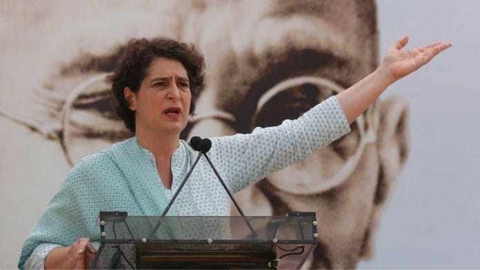 Party General Secretary Priyanka Gandhi and Senior leaders during the Sankalp Satyagrah at Rajghat in New Delhi on Sunday. ThePrint photo by Suraj Singh Bisht