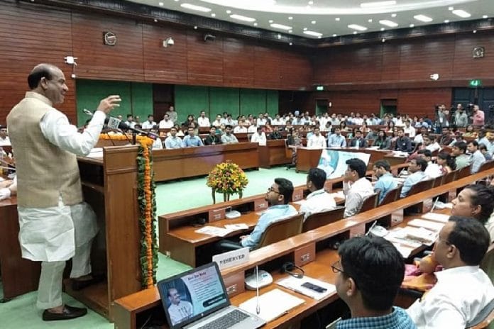 File photo of IAS officers in conversation with Lok Sabha speaker Om Birla at Parliament House Annexe Extension Building, New Delhi | Praveen Jain | ThePrint