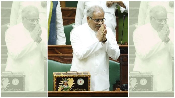 Chhattisgarh CM Bhupesh Baghel greets MLAs at assembly before presenting budget in Raipur on Monday | Twitter | @bhupeshbaghel