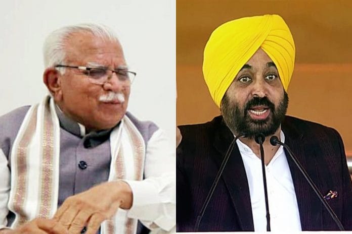 File photos of Haryana CM Manohar Lal Khattar & his Punjab counterpart, Bhagwant Singh Mann | ANI