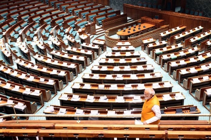 Prime Minister Narendra Modi inside the Lok Sabha of the new Parliament building