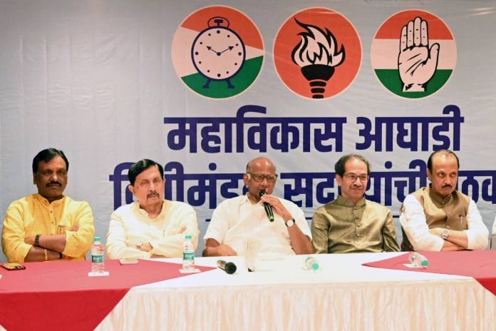 File photo of NCP chief Sharad Pawar speaking during a joint meeting of MVA legislature members in the presence of Shiv Sena (UBT) chief Uddhav Thackeray, in Mumbai | ANI