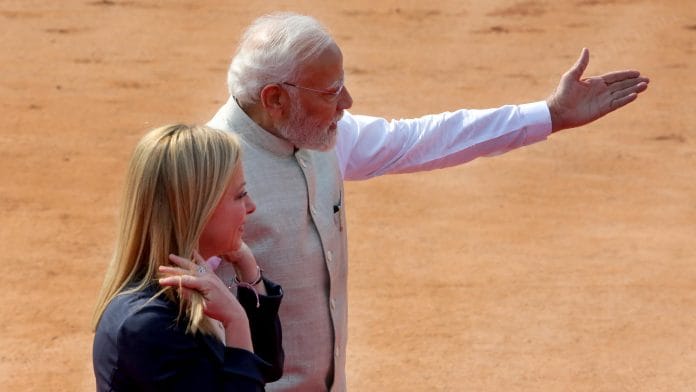 Prime Minister Narendra Modi with Italian PM Giorgia Meloni during her ceremonial reception at Rashtrapati Bhavan | Praveen Jain | ThePrint