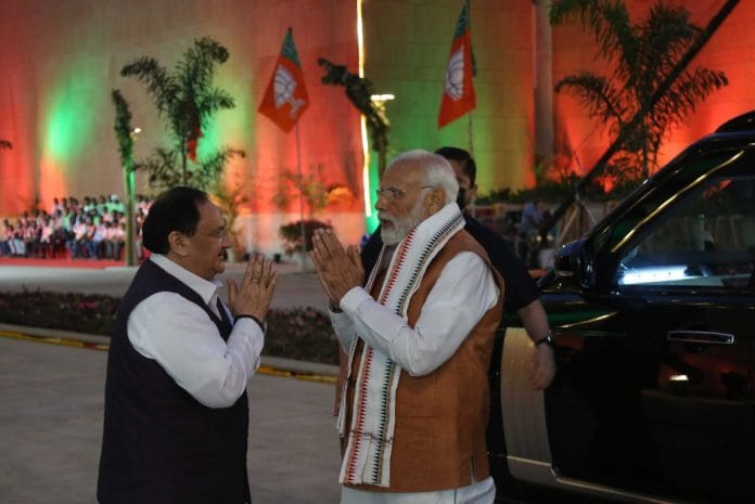 PM Narendra Modi with BJP president J.P. Nadda at the new BJP office in Delhi that was inaugurated Tuesday | Suraj Singh Bisht | ThePrint