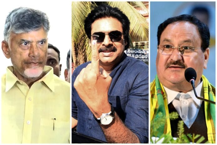 TDP chief N. Chandrababu Naidu, JanaSena Party head Pawan Kalyan and BJP national president J.P. Nadda | ANI file photos