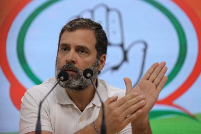 Rahul Gandhi addresses the press at AICC headquarters in New Delhi on 25 March 2023 | Photo by Suraj Singh Bisht | ThePrint