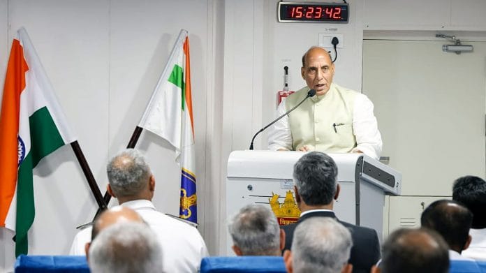 Defence Minister Rajnath Singh addresses the Indian Navy Commanders' Conference onboard INS Vikrant, in Dabolim on 6 March 2023| Photo: ANI