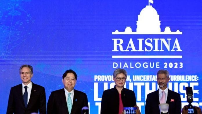 (L-R) US Secretary of State Antony Blinken, Japanese Foreign Minister Yoshimasa Hayashi, Australian Foreign Minister Penny Wong and Indian Foreign Minister Subrahmanyam Jaishankar attend a Quad Ministers' panel at the Taj Palace Hotel in New Delhi on 3 March, 2023 | Reuters
