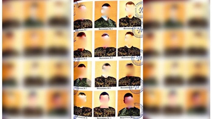 A scan of a document with a lineup of 12 Russian soldiers suspected in a spree of sexual violence in the Brovary district on the outskirts of Kyiv, Ukraine in March 2022, compiled by Ukraine's Prosecutor General's war crimes office to help victims identify perpetrators of rape and other atrocities. Ukraine's Prosecutor General's office/Handout via REUTERS