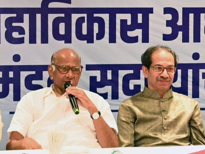 NCP chief Sharad Pawar speaks during a joint meeting of the legislature members of the MVA as Shiv Sena (Uddhav Balasaheb Thackeray) chief Uddhav Thackeray looks on | ANI