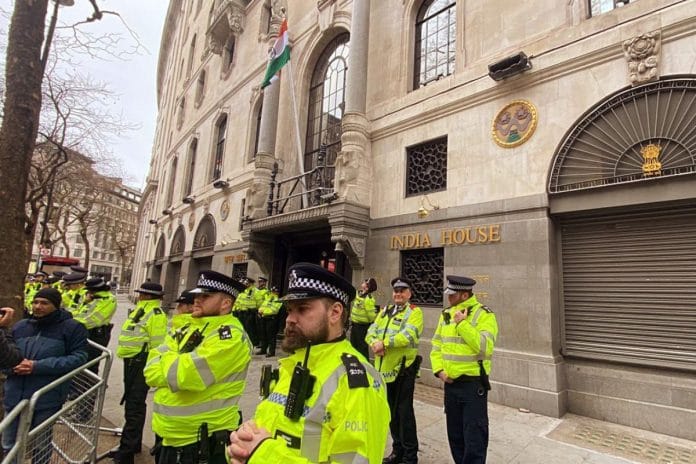 London Metropolitan Police increase security outside the Indian High Commission, UK, to keep Khalistan supporters away | Photo: ANI