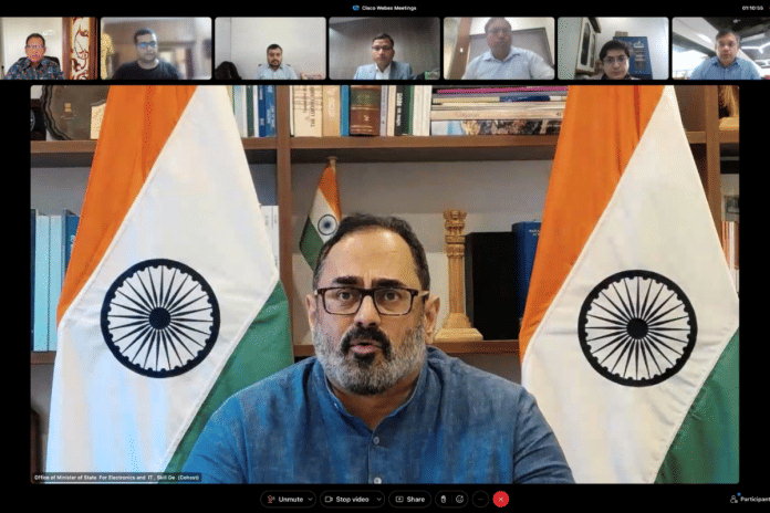 Union Minister Rajeev Chandrasekhar during his meeting Tuesday with entrepreneurs, venture capitalists, and stakeholders regarding SVB crisis | Twitter | @yashrajx