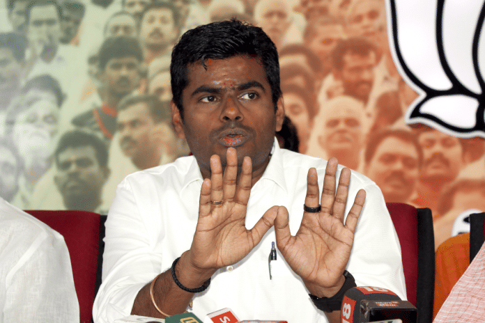 File photo of Tamil Nadu BJP chief K. Annamalai addressing a press conference | ANI