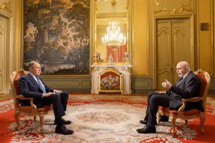 Russian Foreign Minister Sergey Lavrov during an interview with Channel One’s The Great Game political talk show | Twitter | @mfa_russia
