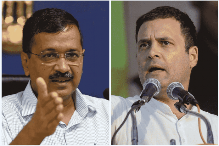 Delhi Chief Minister Arvind Kejriwal (left) and Congress leader Rahul Gandhi | Photos: PTI & ThePrint