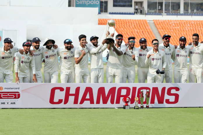 Indian players with Border-Gavaskar Trophy 2023 during the post-match presentation after the 4th test match in Ahmedabad | ANI