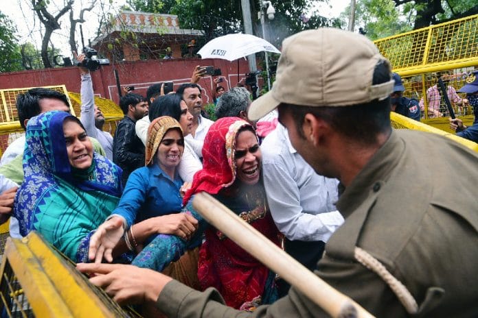 Police stop widows of CRPF personnel killed in 2019 Pulwama attack as they protest against the state government in Jaipur on Thursday | ANI