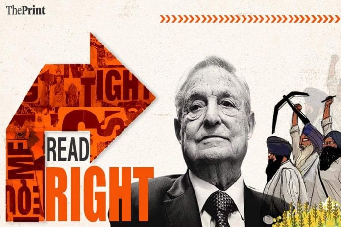 Illustration of George Soros and farmers' protests, which Hindutva media have accused him of funding