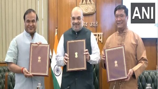 Assam Chief Minister Himanta Biswa Sarma, Union Home Minister Amit Shah, Arunachal Pradesh Chief Minister Pema Khandu (Photo/ANI)