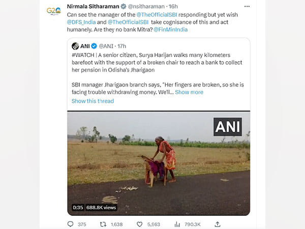 Sitharaman highlights ANI tweet showing elderly walking barefoot to SBI branch, lender promptly resolves matter