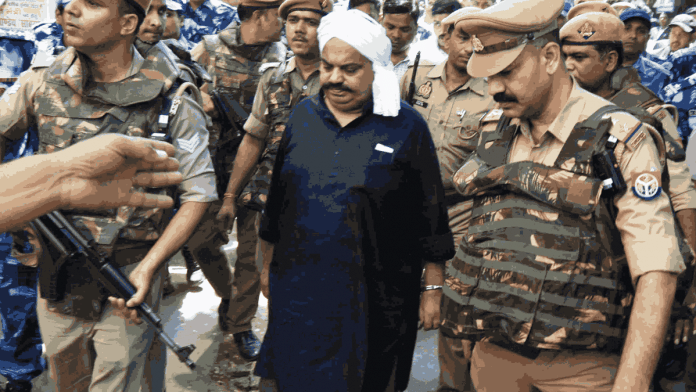 Atiq Ahmed being produced before the CJM court in the Umesh Pal murder case, in Prayagraj, Thursday | ANI