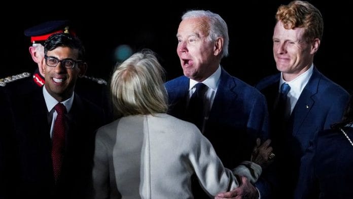 British Prime Minister Rishi Sunak and U.S. Ambassador to the United Kingdom Jane Hartley greet U.S. President Joe Biden next to Joe Kennedy upon Biden's arrival at RAF Aldergrove airbase in County Antrim, Northern Ireland on 11 April, 2023 | Reuters