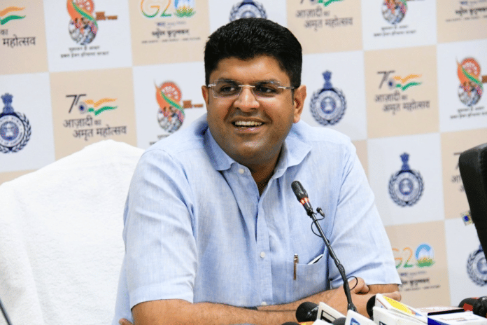 Haryana Deputy Chief Minister Dushyant Chautala at a press meet on Saturday | By special arrangement