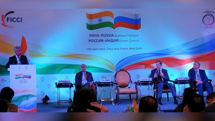 External Affairs Minister S Jaishankar speaking at the India-Russia Business Dialogue. Panel includes Russian Deputy PM Denis Manturov, Rajya Vardhan Kanoria, former President of FICCI and Sergey Cheremin, Chairman of the Board of the Business Council for Cooperation with India.