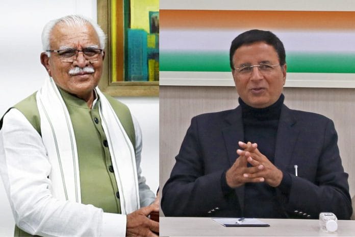 File photos of Haryana CM Manohar Lal Khattar; Congress leader Randeep Surjewala | ANI