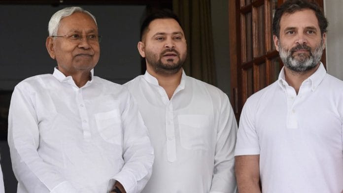 File photo of Nitish Kumar, Tejashwi Yadav and Rahul Gandhi | Representational image | ANI