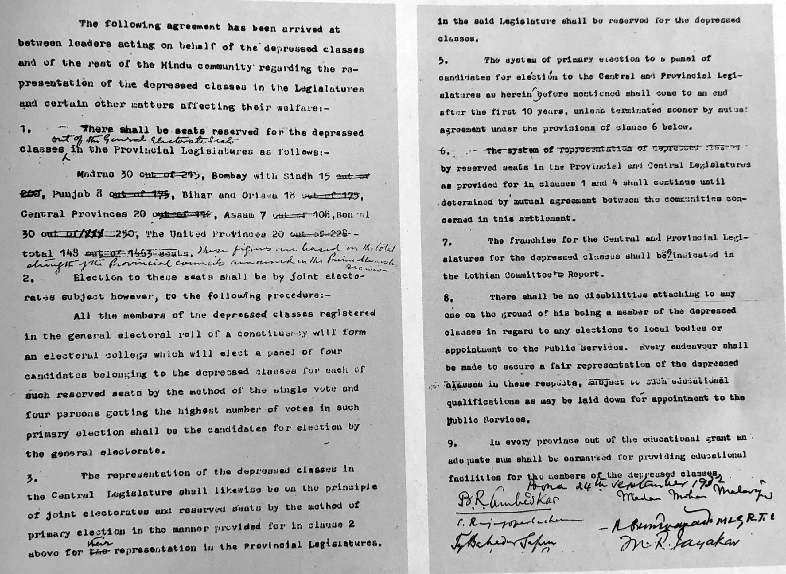 The Poona Pact was signed on 24 September 1932 in Pune. The original document bore the signatures of seven Depressed Class members, including Ambedkar, and eleven Caste Hindus. Gandhi was not among the signatories | From Vijay Surwade's collection, courtesy of Navayana