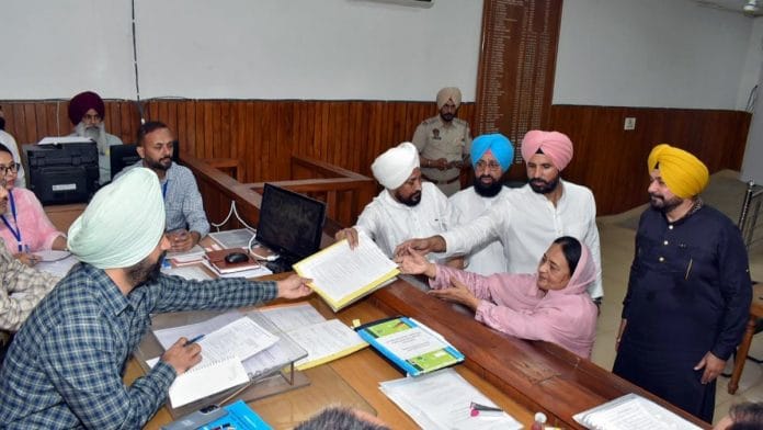 Congress candidate Karamjit Kaur filing her nomination papers in the presence of Charanjit Singh Channi, Partap Singh Bajwa, Amarinder Singh Raja Warring & Navjot Singh Sidhu Thursday | ANI