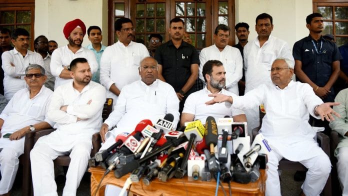 Bihar CM Nitish Kumar and Deputy CM Tejashwi Yadav with Congress leader Rahul Gandhi and President Mallikarjun Kharge in New Delhi, on 12 April 2023 | ANI photo