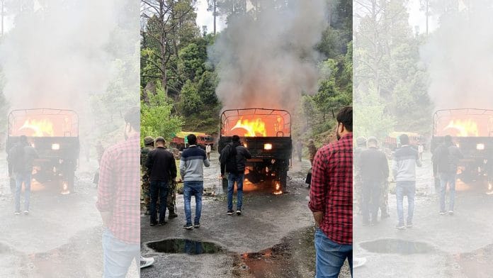 The army truck on fire following the attack | Photo: ANI