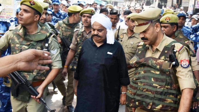 File photo of slain gangster-turned-politician Atiq Ahmed being produced before the CJM court in the Umesh Pal murder case in Prayagraj | ANI