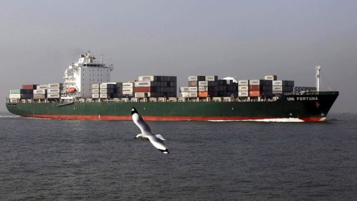 A seagull flies past a cargo container ship off the coast of Mumbai | Representational image | Reuters