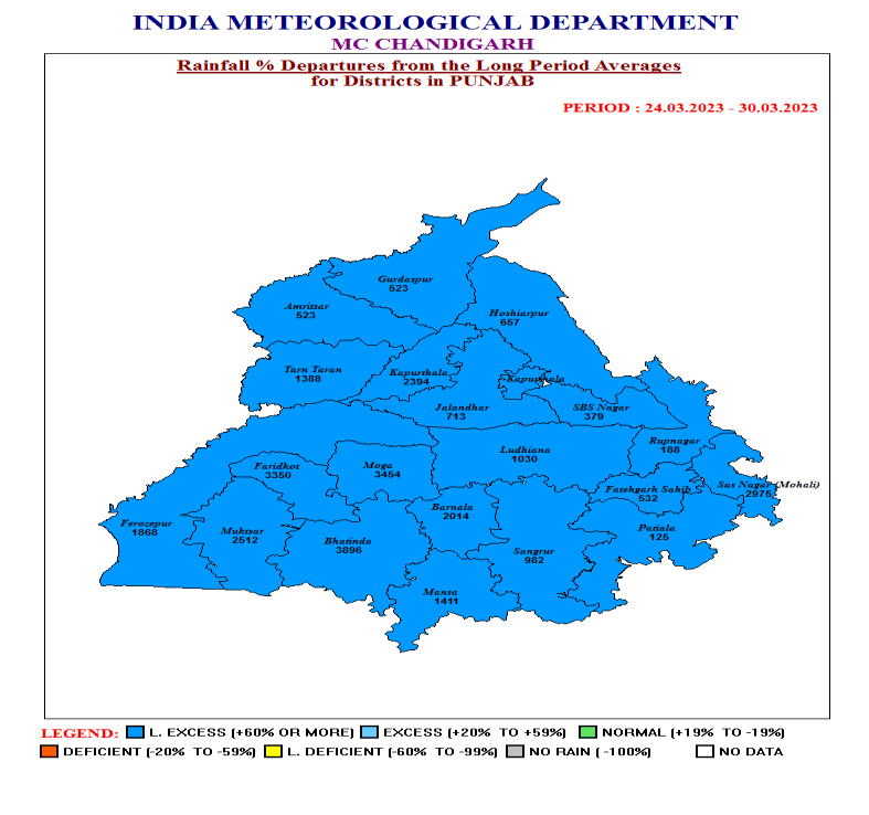 IMD map showing seasonal rainfall in Punjab from 1 March to 6 April | Source: India Meteorological Department