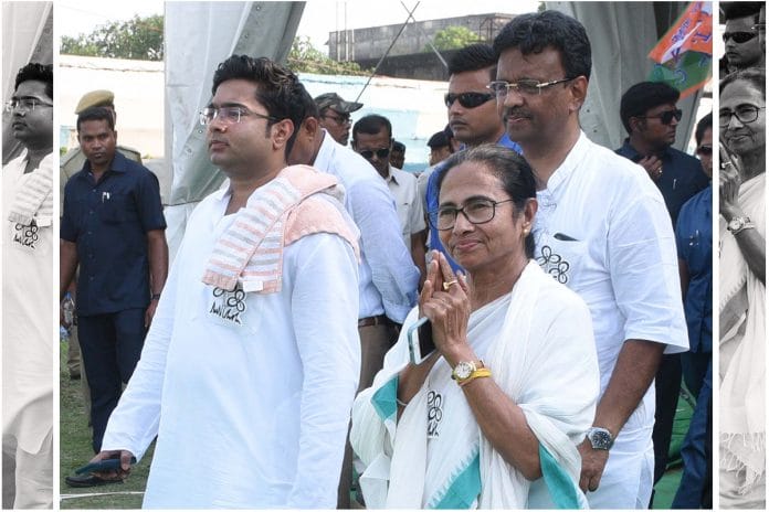 West Bengal Chief Minister Mamata Banerjee along with her nephew Abhishek Banerjee and Kolkata Mayor Firhad Hakim at an election meeting | ANI file photo