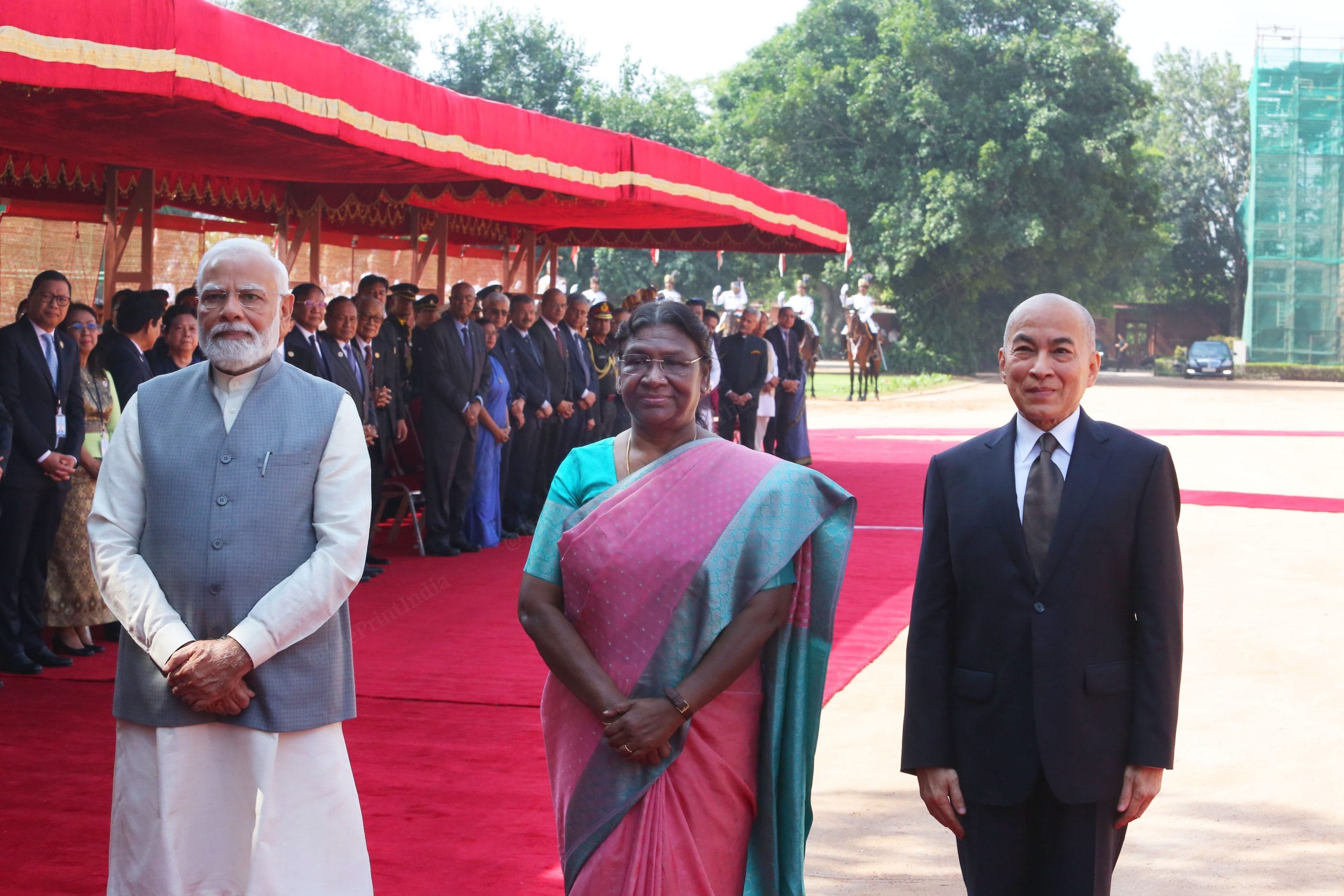 Cambodian King Norodom Sihamoni, President Murmu and PM Modi pose for the media | Photo: Praveen Jain | ThePrint