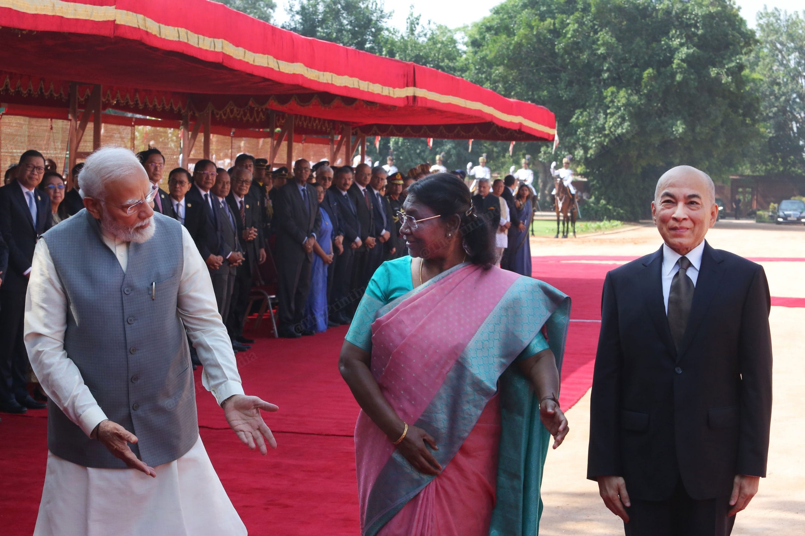 Cambodian King Norodom Sihamoni, President Murmu and PM Modi at Rashtrapati Bhavan | Photo: Praveen Jain | ThePrint