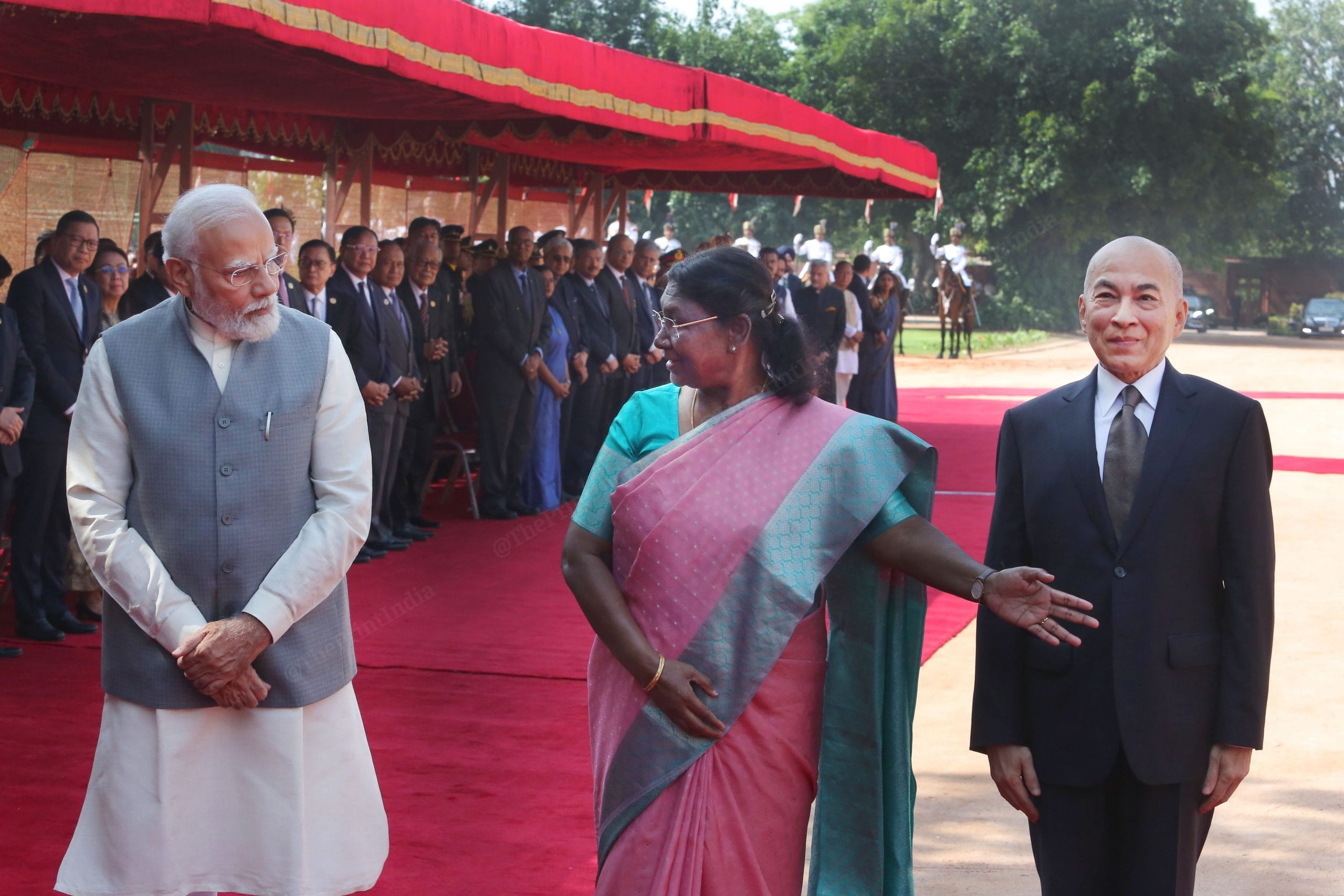 Cambodian King Norodom Sihamoni, President Murmu and PM Modi at Rashtrapati Bhavan | Photo: Praveen Jain | ThePrint