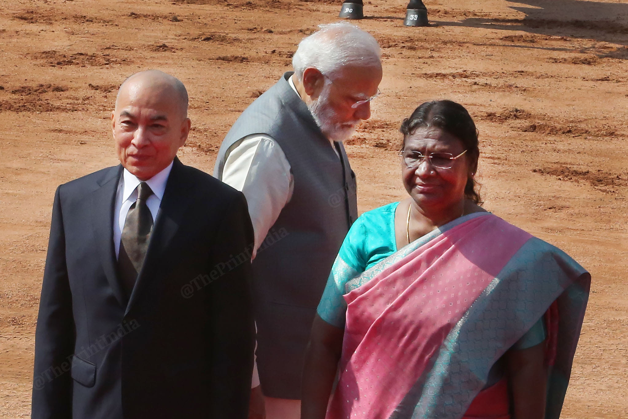 Cambodian King Sihamoni (left), PM Modi (middle) and President Murmu (right) pose for the media | Photo: Praveen Jain | ThePrint